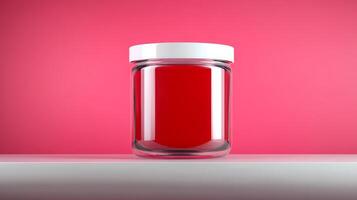 Vibrant red jelly jar against a bright pink background photo