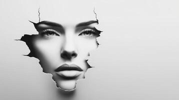 Elegant woman emerging through a cracked surface in artistic display photo