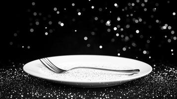Elegant fork resting on a pristine white plate with sparkling backdrop photo