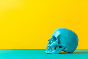 Vibrant turquoise skull against a bright yellow backdrop photo