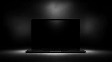 Lone laptop illuminated in darkness evokes mystery and creativity photo
