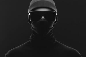 Mysterious figure in sleek black attire and futuristic sunglasses photo