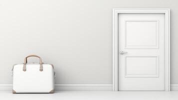 White suitcase rests beside a closed door in a minimalistic space photo