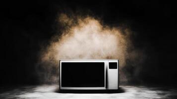 Mysterious microwave resting in a dark and smoky setting photo