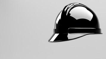 Shiny black construction helmet suspended against a neutral background photo