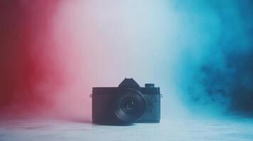 Creative photography setup with colorful lighting and fog effects photo