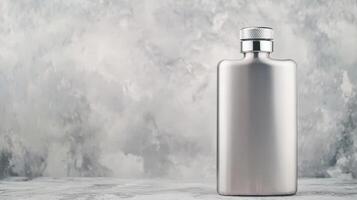 Modern stainless steel flask against a textured background photo