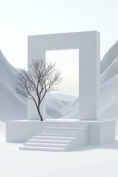 Minimalist structure with a solitary tree in a serene landscape photo