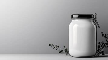 Sleek jar contains a creamy substance beside delicate green leaves photo
