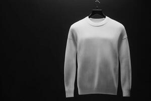 Elegant white sweater displayed against a dark backdrop photo