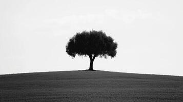 Solitary tree standing proud on a rolling hill at twilight photo