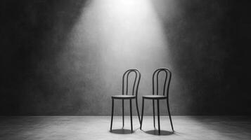 Two elegant chairs illuminated in a stark and moody setting photo