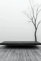 Minimalist decor with a single tree and wooden platform in calm space photo