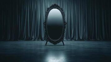 Dark reflection in an ornate mirror set against a curtain backdrop photo