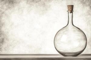 Elegant glass bottle with cork stopper on a rustic wooden surface photo