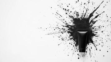 Black paint tube bursts with creativity on a white backdrop photo