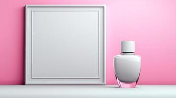 Soft white nail polish beside an empty frame on a pink background photo