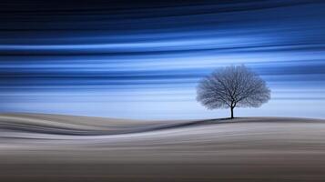 Solitary tree stands gracefully in a serene twilight landscape photo