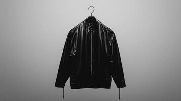 Stylish black jacket hanging against a minimalist gray backdrop photo