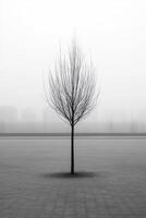 Lonely tree stands tall in the misty urban landscape at sunset photo