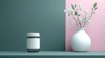 Stylish decor with a modern vase and bottle on a colorful background photo