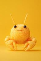 Whimsical yellow crab character on bright yellow backdrop photo