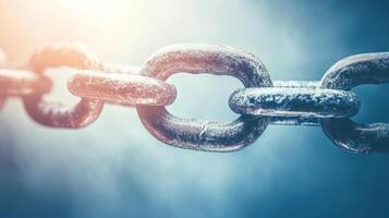 Rusty metal chain links glimmering in soft sunlight photo