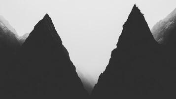 Majestic mountain peaks rise above a misty valley at dawn photo