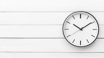 Elegant wall clock displaying time on a white wooden background photo