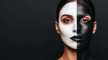 Woman with half white and half black face paint in artistic expression photo