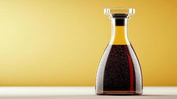 Elegant glass bottle filled with dark liquid on a yellow background photo