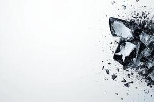 Shattered glass pieces scattered on a white surface photo