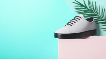 Modern white sneaker on pastel background with tropical leaf photo