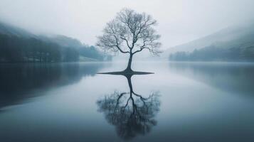 Misty landscape featuring solitary tree in calm water reflection photo