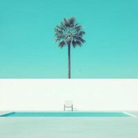 Minimalist poolside setting with palm tree and clear sky photo
