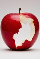 Bite taken from a shiny red apple on a plain background photo
