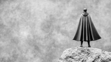 Heroic figure stands on a rock overlooking a monochrome landscape photo