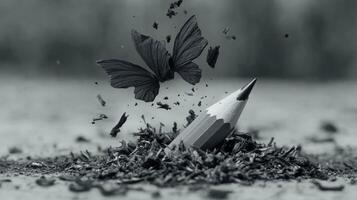 Butterflies emerge from pencil shavings in artistic representation photo