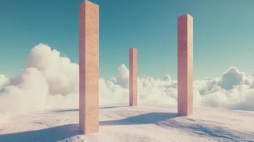 Cloudy landscape with three vertical pillars on a bright day photo