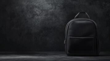 Simple black backpack on a dark textured surface with shadows photo