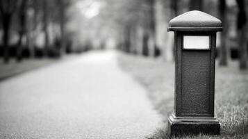 Black and white park path with vintage mail post box photo
