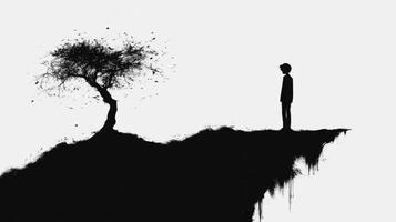 Lonely boy stands near a solitary tree on a cliff photo
