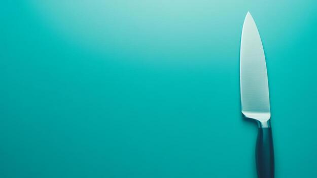 Kitchen knife resting on turquoise surface in minimal setting photo