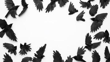 Black birds in flight creating a circular pattern on white background photo