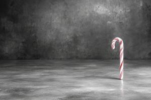 Candy cane standing alone on a textured gray surface during winter photo