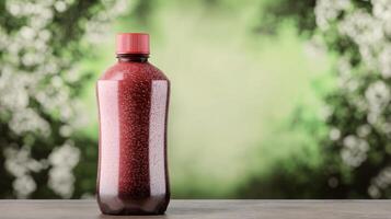 Refreshing bottled drink placed on a table in a natural setting photo