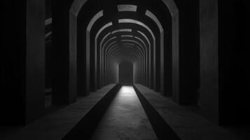 Dark corridor with arches leading to a distant light source photo