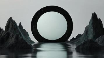 Modern circular mirror in surreal mountain landscape at twilight photo