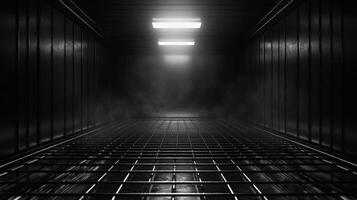 Dark industrial space with faint light and misty atmosphere photo