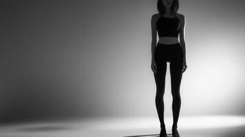 Woman in black attire standing in dramatic lighting photo